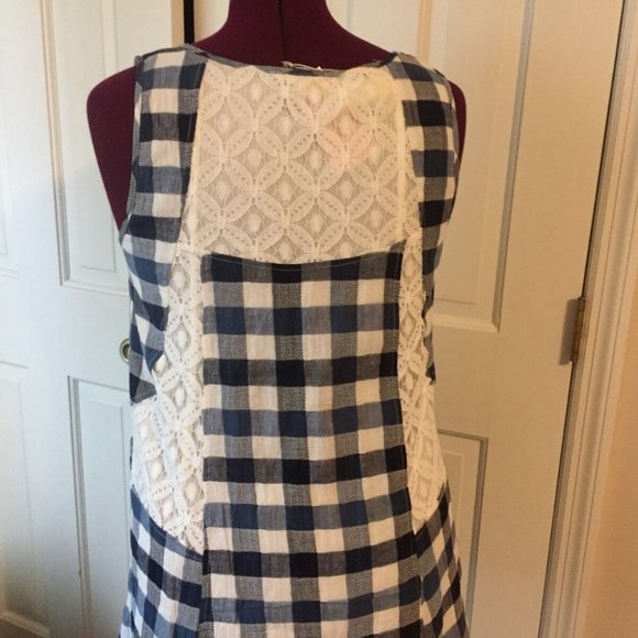 ENTRO JUNIOR'S SIZE M DRESS SHORT BLUE & WHITE CHECKS LACE DESIGN SLEEVELESS - Picture 3 of 4
